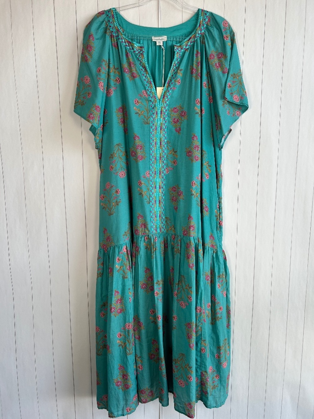 Sundance size XXL midi dress cotton boho turquoise floral embroidered sundress
